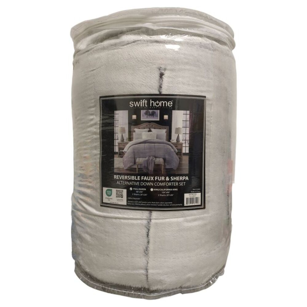 Swift Home 3pc Reverible Faux Fur & Sherpa Comforter Set, Full/Queen - Grey